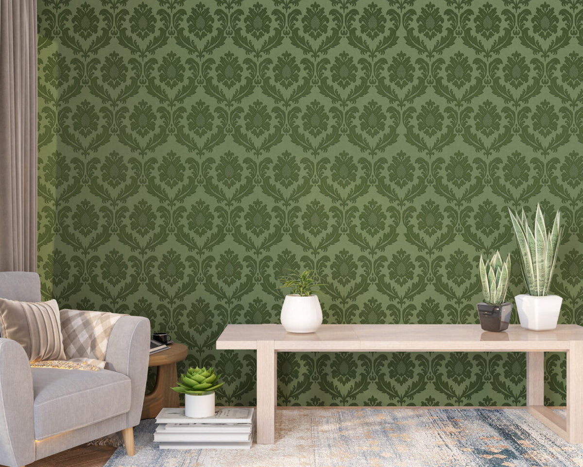 Green Damask Wallpaper : Classic Olive Floral Pattern - View 5