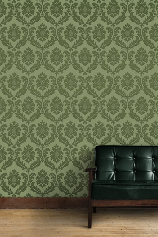 Green Damask Wallpaper : Classic Olive Floral Pattern