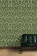 Green Damask Wallpaper : Classic Olive Floral Pattern