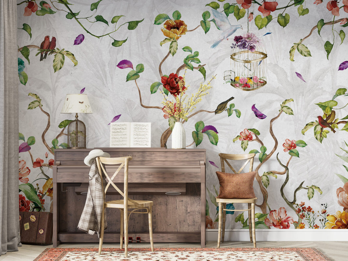 Colourful Bird Wallpaper : Winding Vines And Red Blossoms Mural - View 6