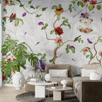 Colourful Bird Wallpaper : Winding Vines And Red Blossoms Mural - View 3