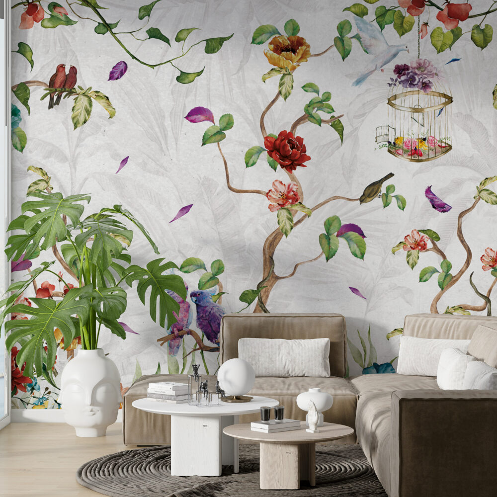 Colourful Bird Wallpaper : Winding Vines And Red Blossoms Mural - View 3