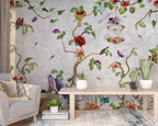 Colourful Bird Wallpaper : Winding Vines And Red Blossoms Mural