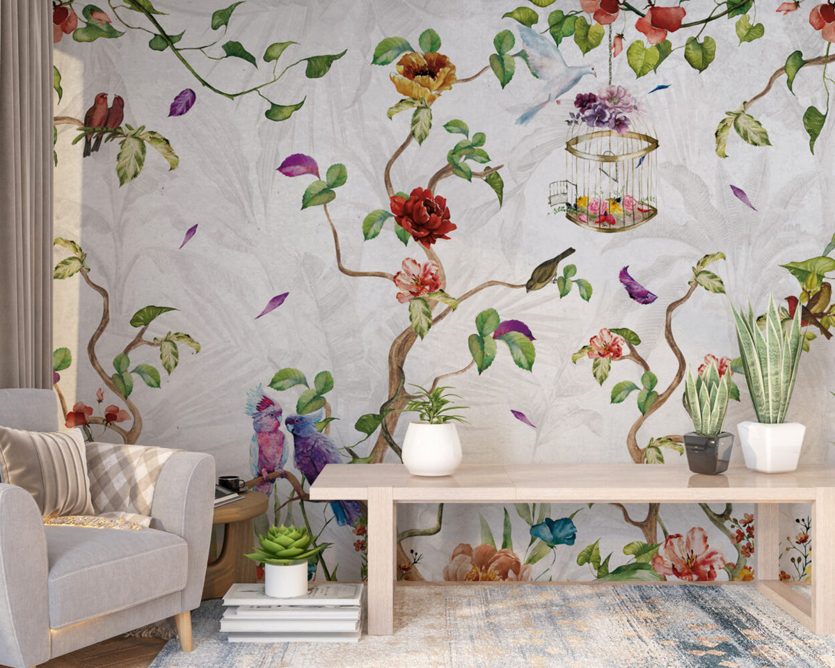 Colourful Bird Wallpaper : Winding Vines And Red Blossoms Mural