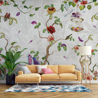 Colourful Bird Wallpaper : Winding Vines And Red Blossoms Mural - View 4