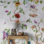 Colourful Bird Wallpaper : Winding Vines And Red Blossoms Mural - View 5