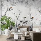 Black And White Jungle Wallpaper : Lemur And Toucan Ink Mural - View 6