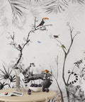 Black And White Jungle Wallpaper : Lemur And Toucan Ink Mural