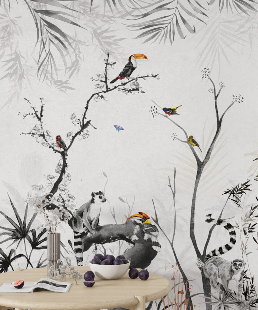 Black And White Jungle Wallpaper : Lemur And Toucan Ink Mural