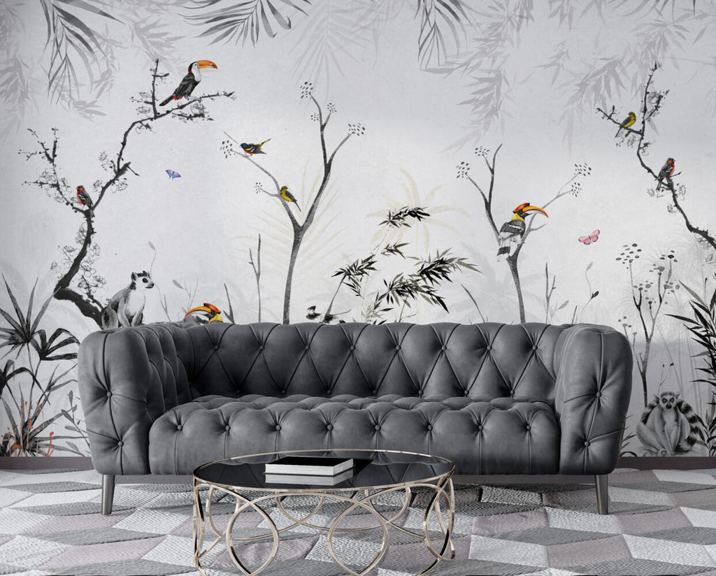 Black And White Jungle Wallpaper : Lemur And Toucan Ink Mural - View 3