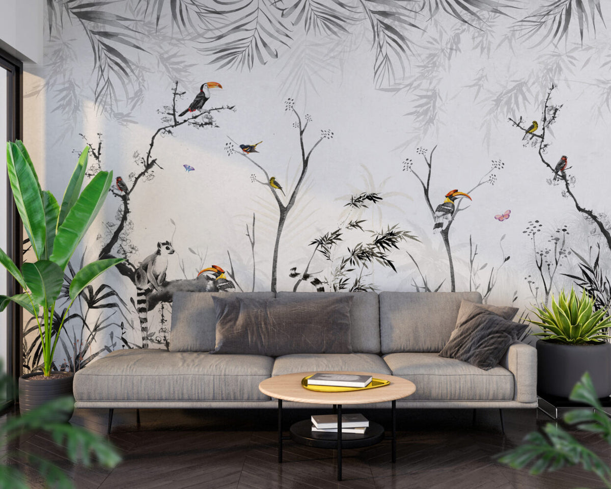 Black And White Jungle Wallpaper : Lemur And Toucan Ink Mural - View 4