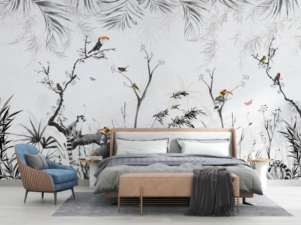Black And White Jungle Wallpaper : Lemur And Toucan Ink Mural - View 5