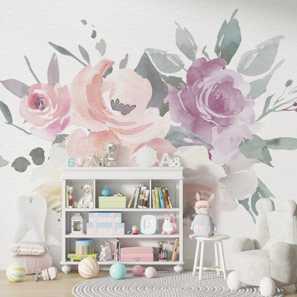 Watercolor Rose Wallpaper : Pastel Pink And Lilac Bouquet Mural - View 6
