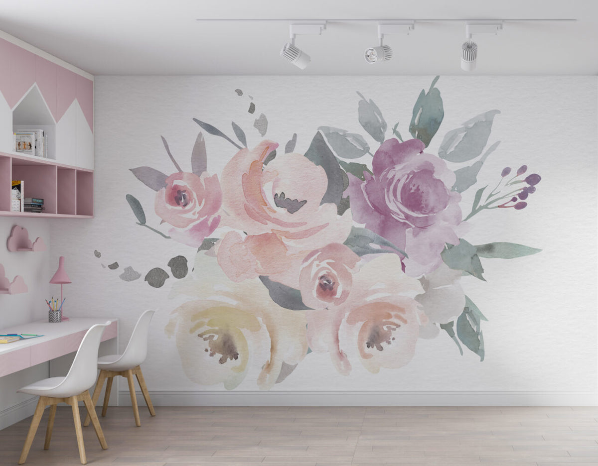 Watercolor Rose Wallpaper : Pastel Pink And Lilac Bouquet Mural