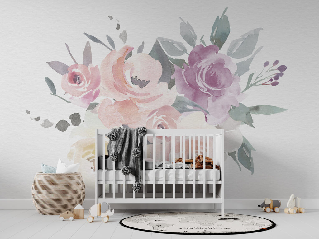 Watercolor Rose Wallpaper : Pastel Pink And Lilac Bouquet Mural - View 3