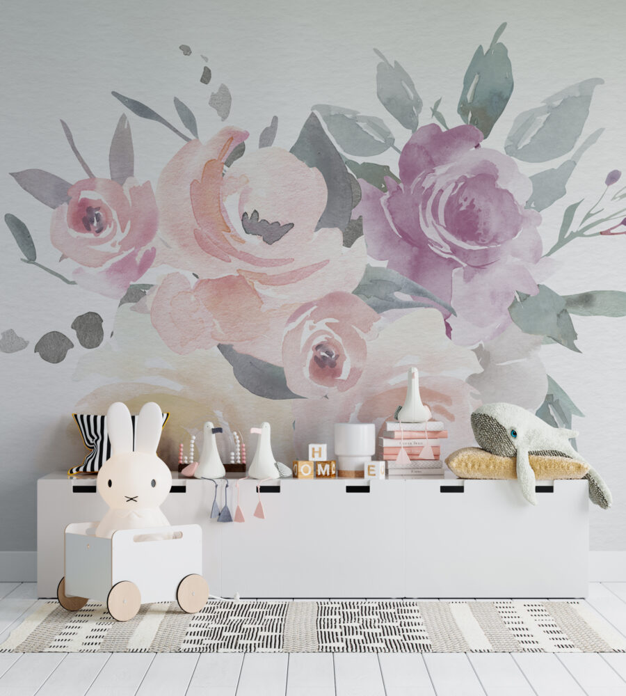 Watercolor Rose Wallpaper : Pastel Pink And Lilac Bouquet Mural - View 4