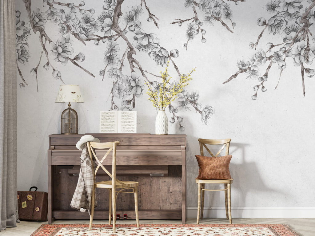 Cherry Blossom Sketch Wallpaper : Grey Branch Mural - View 6