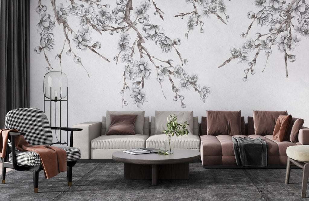 Cherry Blossom Sketch Wallpaper : Grey Branch Mural - View 3