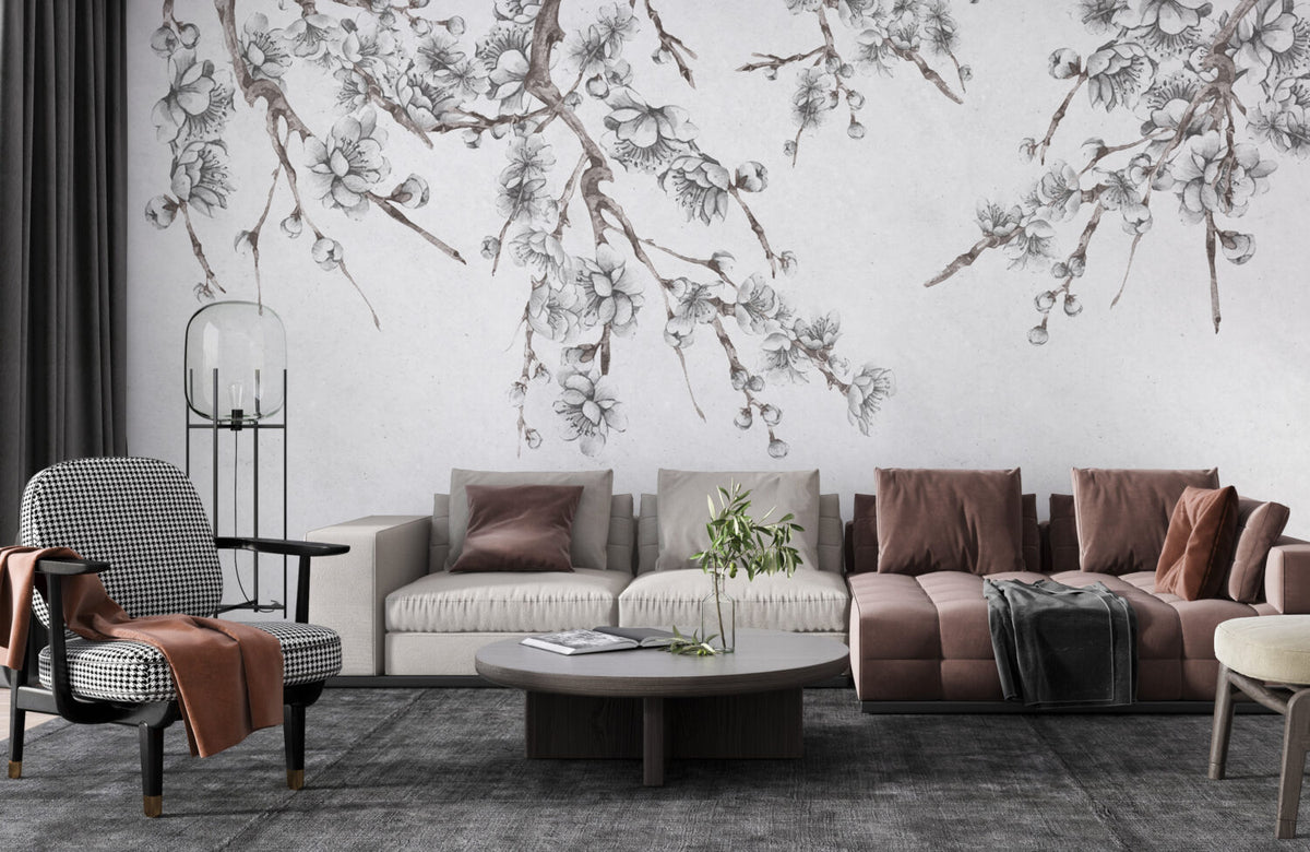 Cherry Blossom Sketch Wallpaper : Grey Branch Mural - View 3