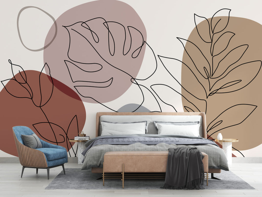 Line Art Leaf Wallpaper : Boho Blush Shapes Mural - View 3