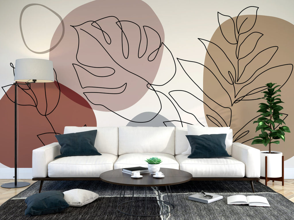 Line Art Leaf Wallpaper : Boho Blush Shapes Mural - View 4
