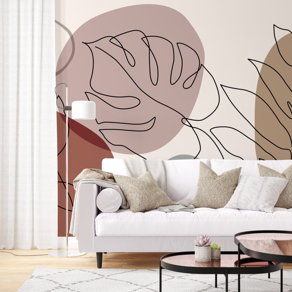 Line Art Leaf Wallpaper : Boho Blush Shapes Mural - View 6