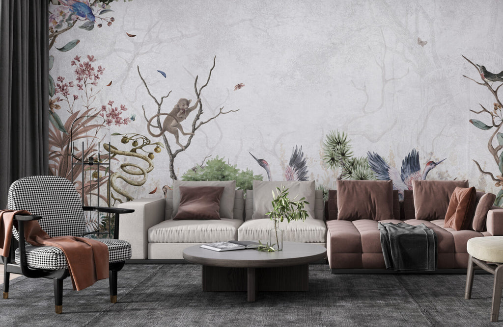 Crane And Leopard Wallpaper : Misty Botanical Forest Mural - View 5
