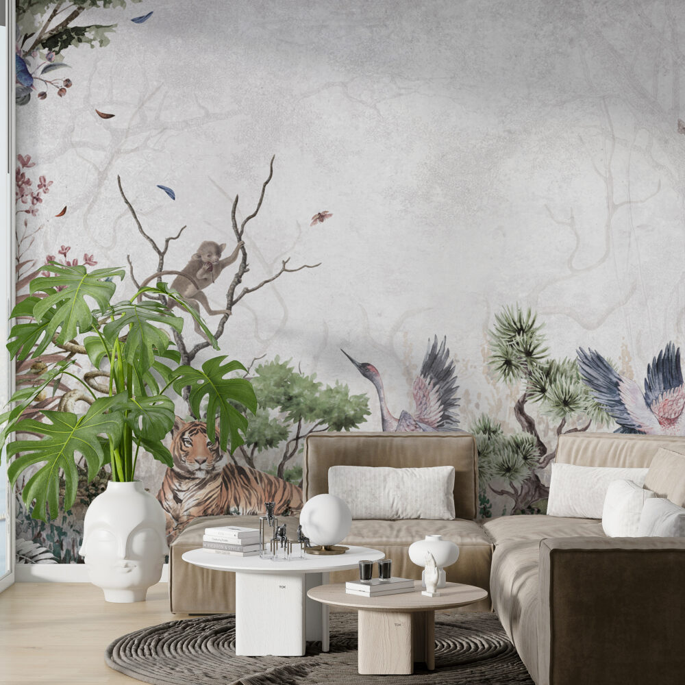 Crane And Leopard Wallpaper : Misty Botanical Forest Mural