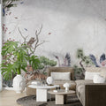 Crane And Leopard Wallpaper : Misty Botanical Forest Mural