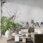 Crane And Leopard Wallpaper : Misty Botanical Forest Mural