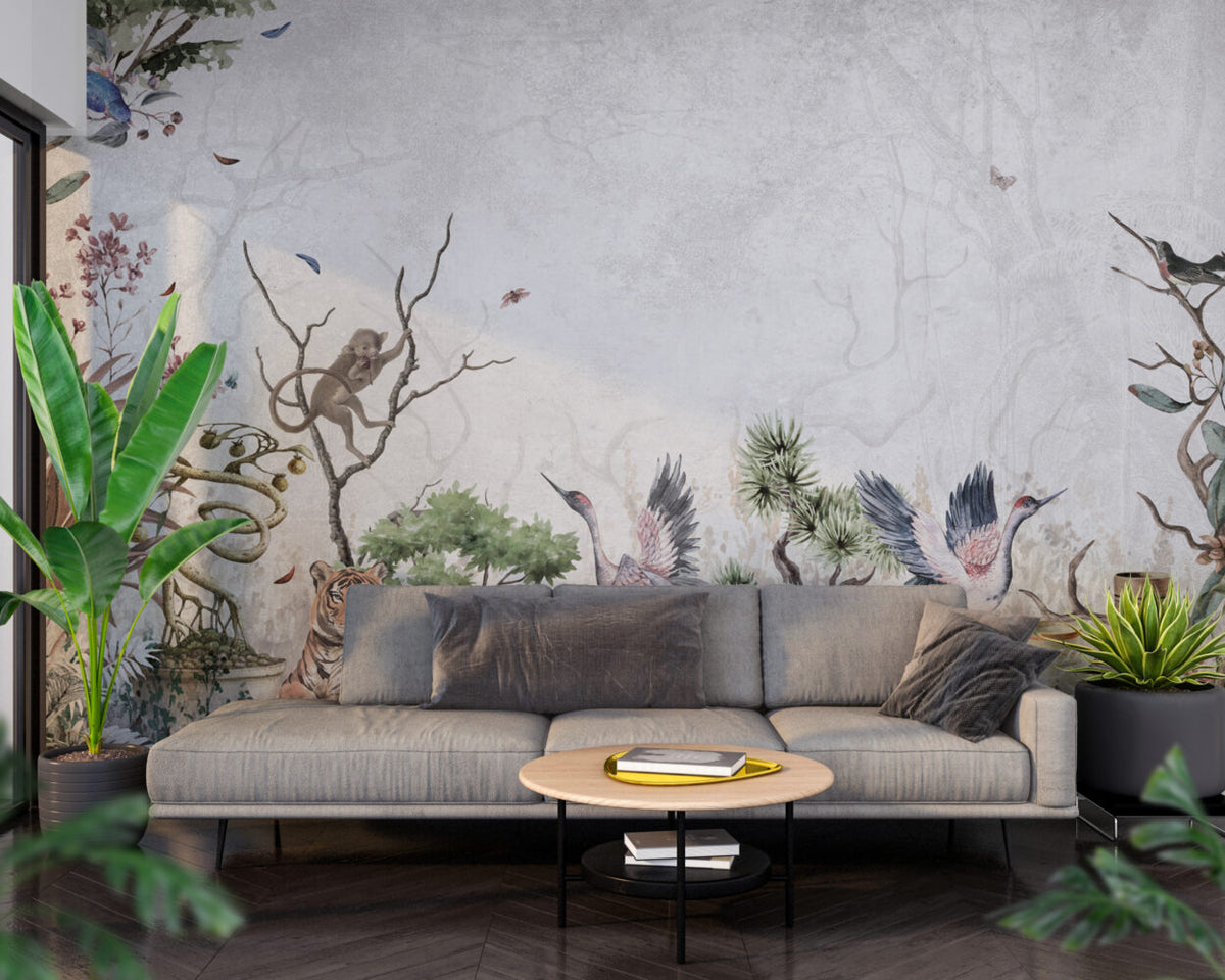 Crane And Leopard Wallpaper : Misty Botanical Forest Mural - View 2