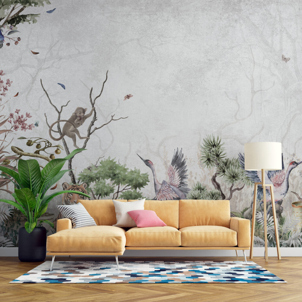 Crane And Leopard Wallpaper : Misty Botanical Forest Mural - View 3