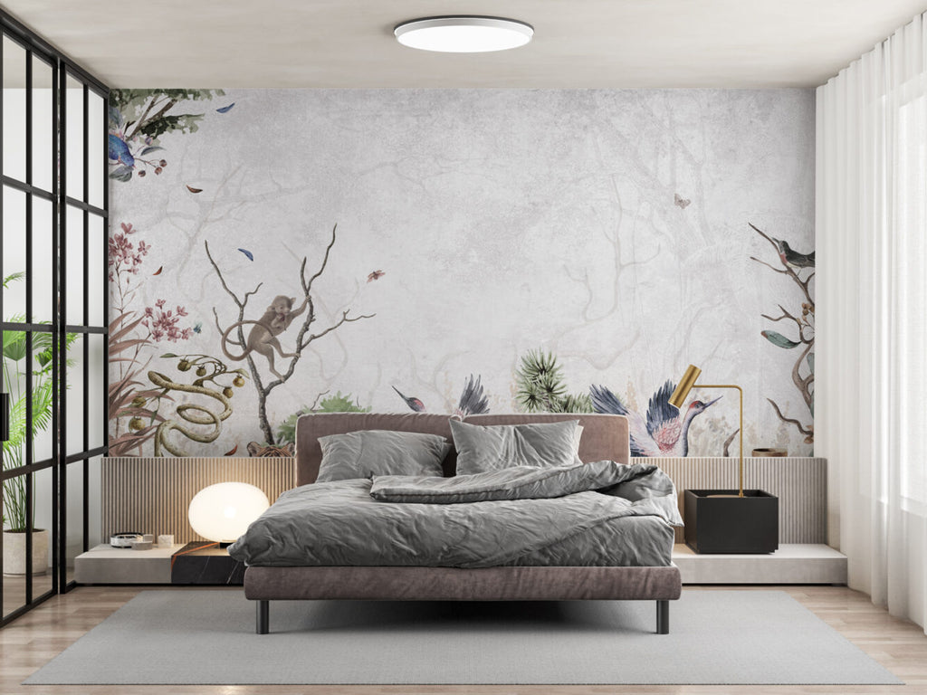 Crane And Leopard Wallpaper : Misty Botanical Forest Mural - View 4
