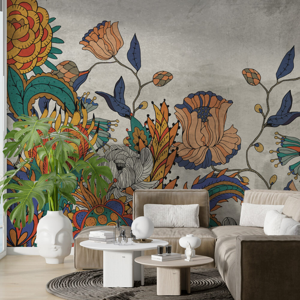 Folk Art Floral Wallpaper : Bold Stylized Flowers Mural - View 3