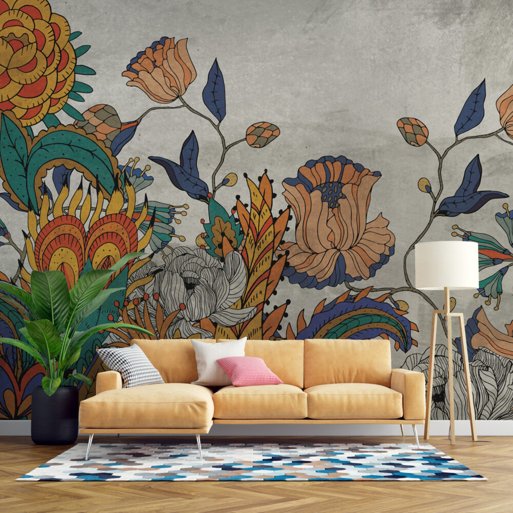 Folk Art Floral Wallpaper : Bold Stylized Flowers Mural - View 5