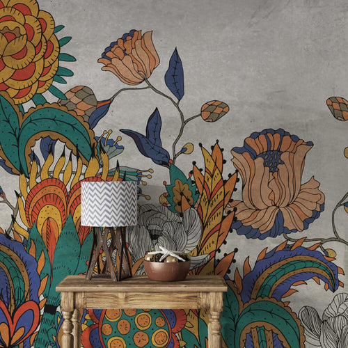 Folk Art Floral Wallpaper : Bold Stylized Flowers Mural