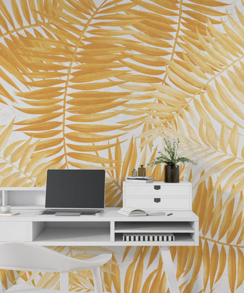 Golden Palm Leaf Wallpaper : Yellow Tropical Fronds Mural - View 6