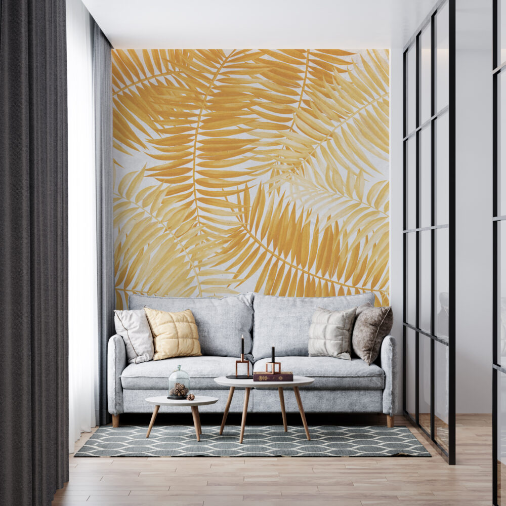 Golden Palm Leaf Wallpaper : Yellow Tropical Fronds Mural - View 3