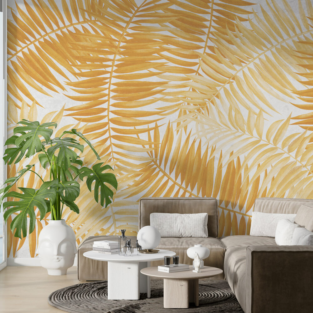 Golden Palm Leaf Wallpaper : Yellow Tropical Fronds Mural - View 4