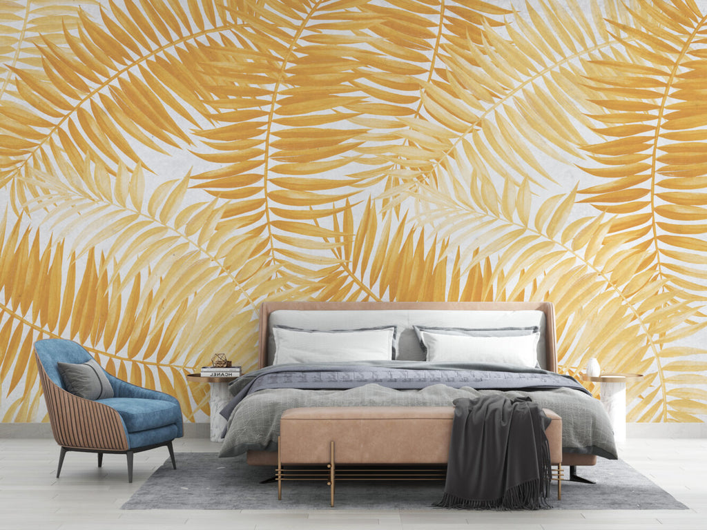 Golden Palm Leaf Wallpaper : Yellow Tropical Fronds Mural - View 5