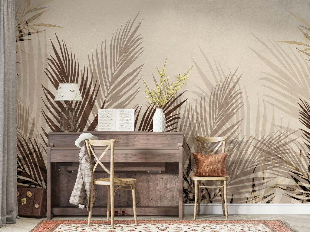 Brown Palm Leaf Wallpaper : Neutral Tropical Fronds Mural - View 6
