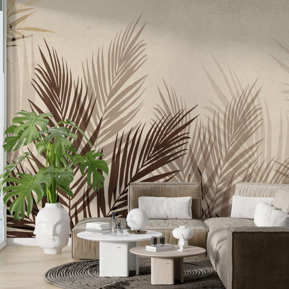 Brown Palm Leaf Wallpaper : Neutral Tropical Fronds Mural - View 3
