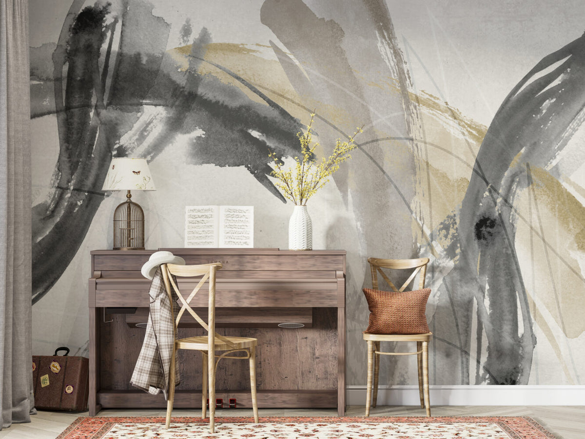 Beige Brushstroke Wallpaper : Abstract Ink Swirl Mural - View 5