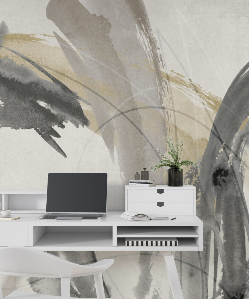Beige Brushstroke Wallpaper : Abstract Ink Swirl Mural - View 6