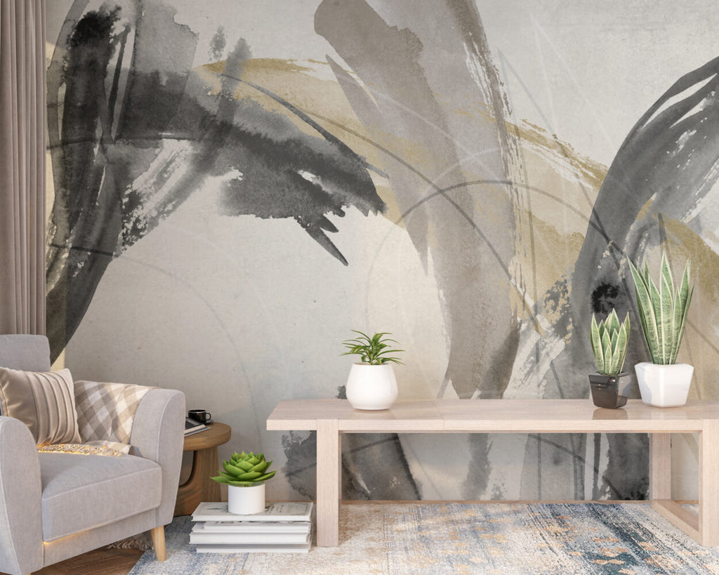 Beige Brushstroke Wallpaper : Abstract Ink Swirl Mural - View 3