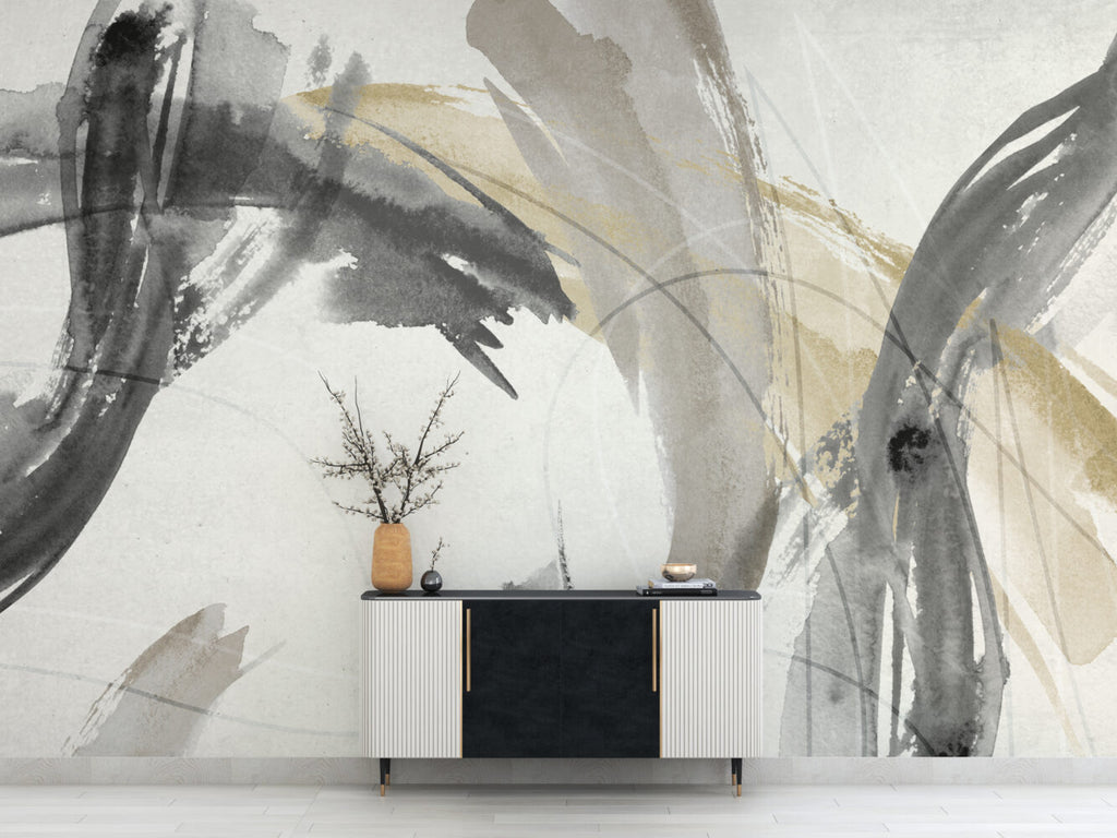 Beige Brushstroke Wallpaper : Abstract Ink Swirl Mural - View 4