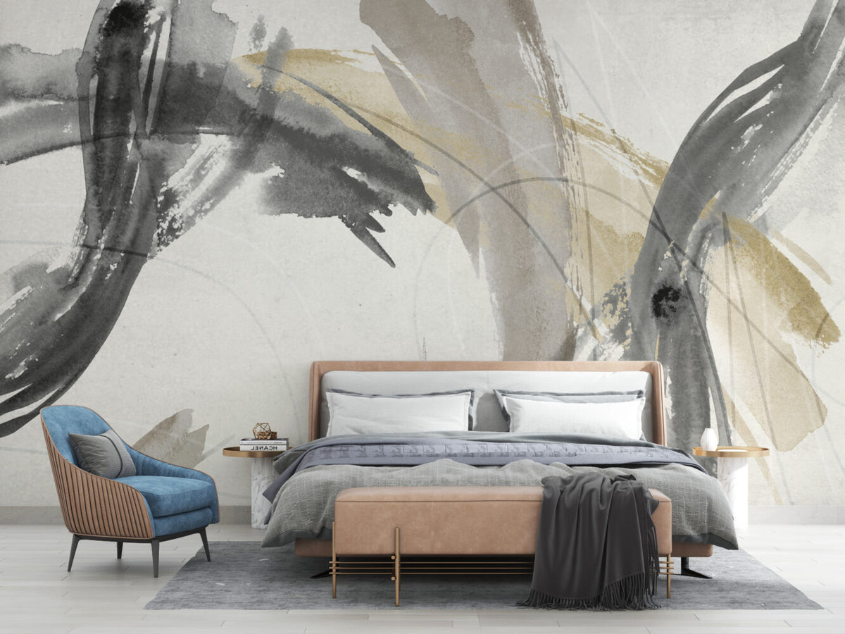 Beige Brushstroke Wallpaper : Abstract Ink Swirl Mural