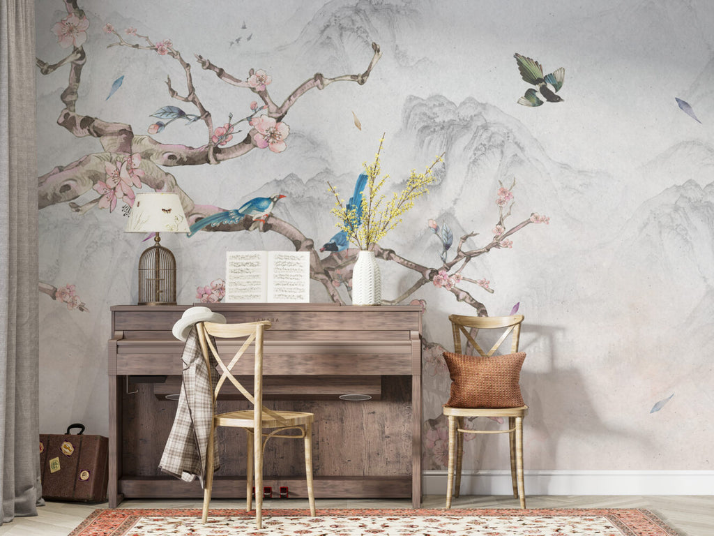 Bird On Branch Wallpaper : Blue Magpie And Blossom Mural - View 6