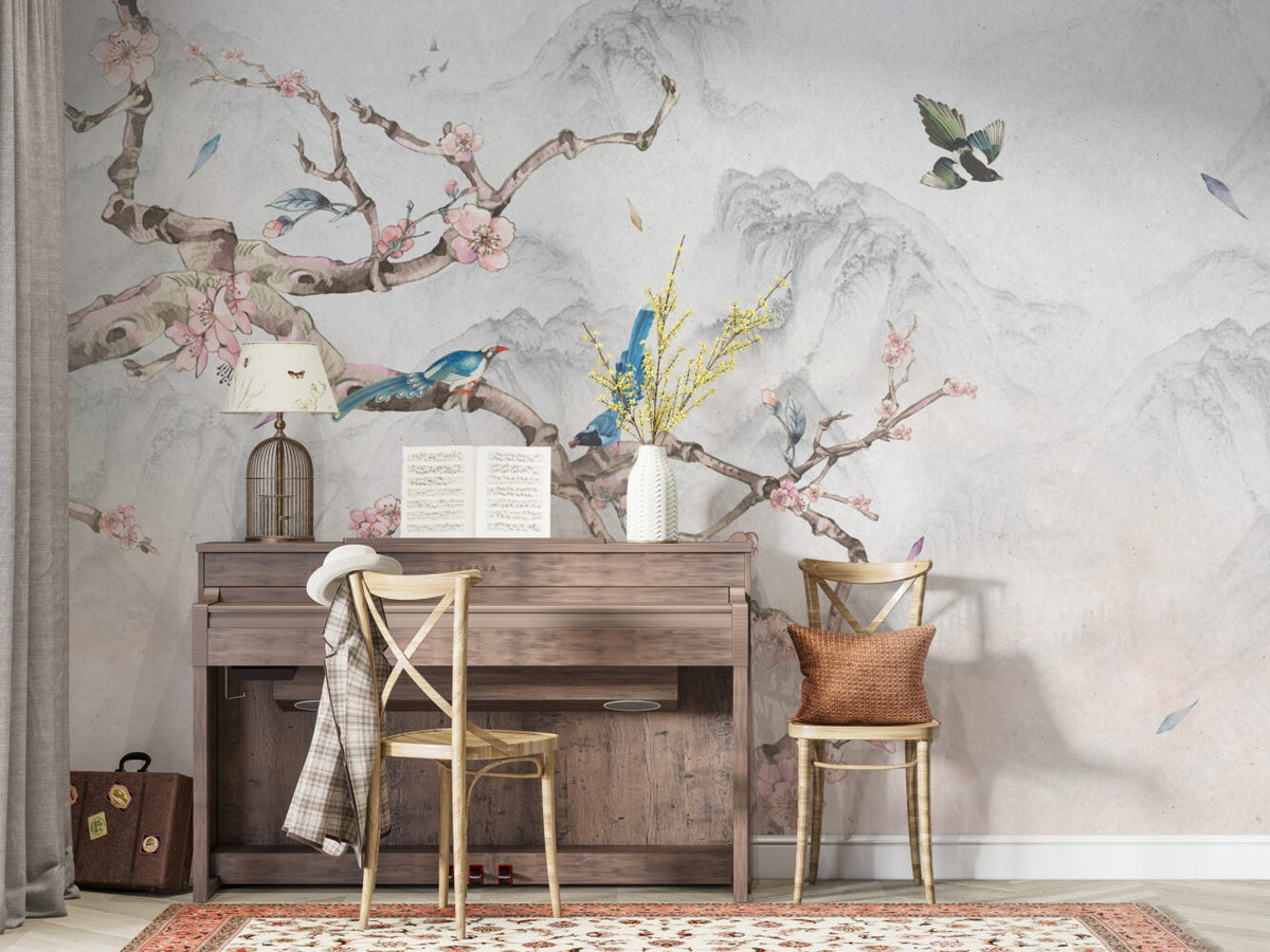 Bird On Branch Wallpaper : Blue Magpie And Blossom Mural - View 6