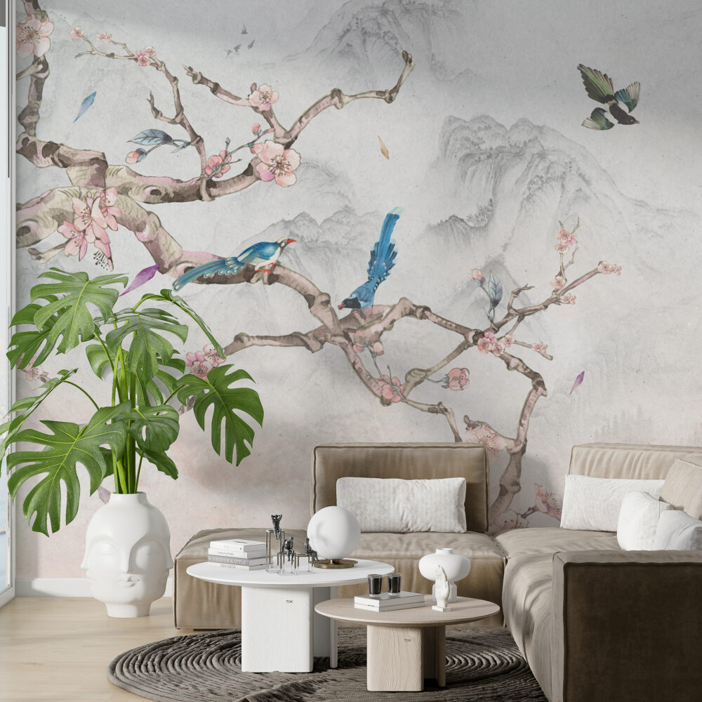 Bird On Branch Wallpaper : Blue Magpie And Blossom Mural